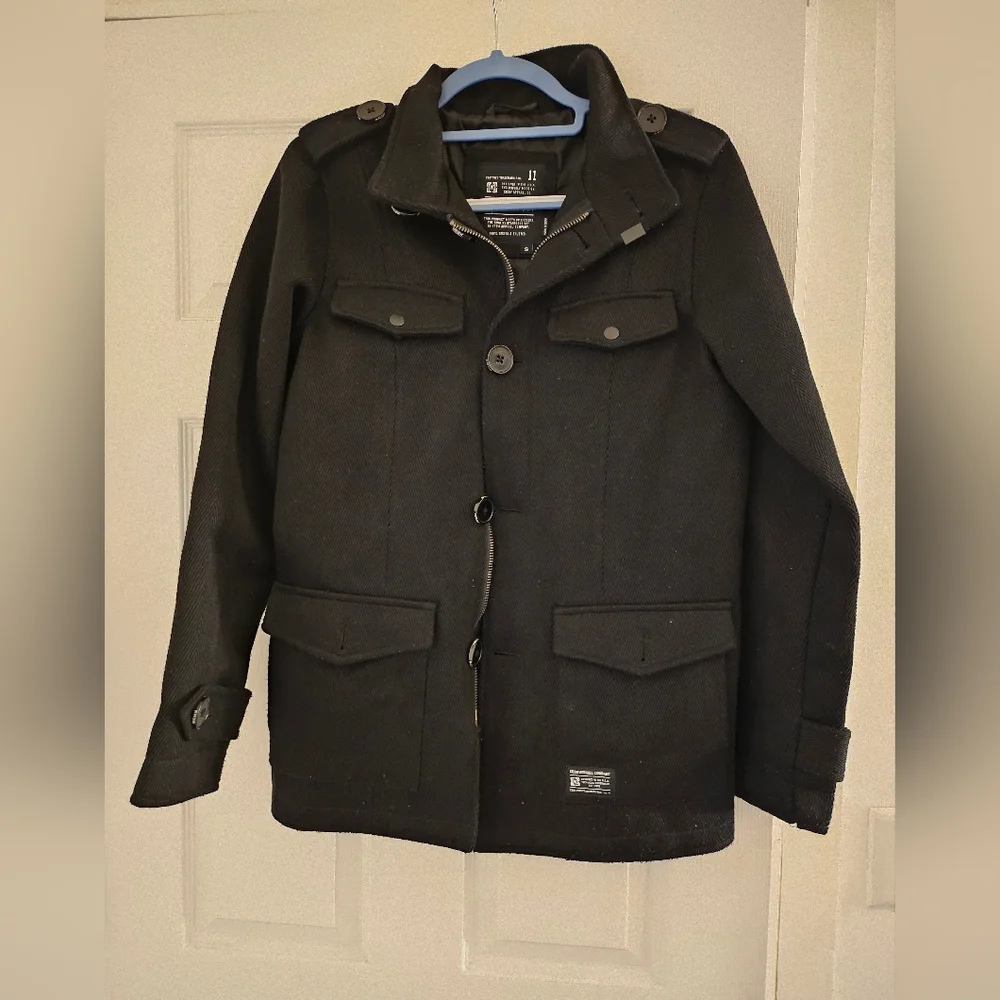 KR3W Jacket Men's S Black Army Peacoat Full Zip Button Up Long Sleeve